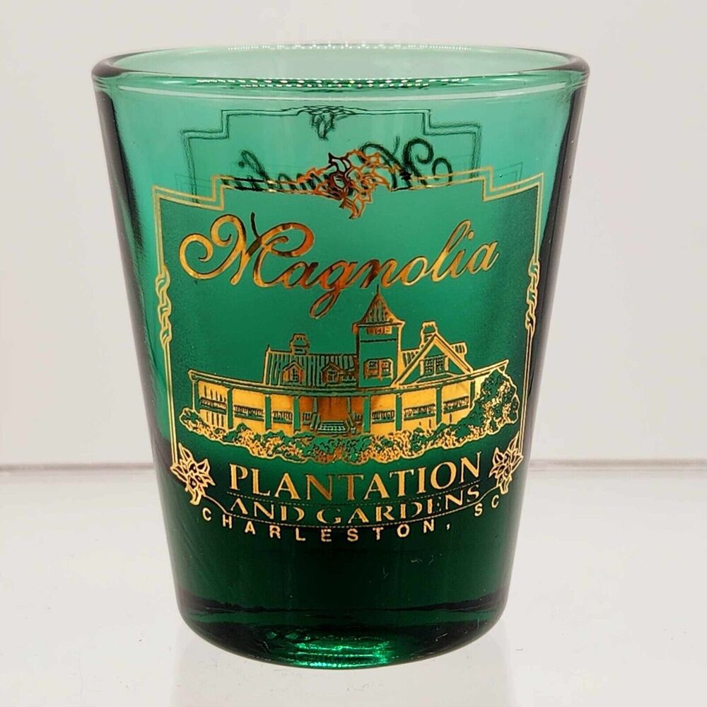 Magnolia Plantation Green & Gold Shot Glass Charleston SC Collectible Souvenir